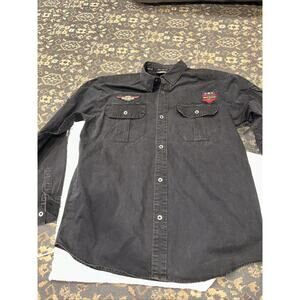 Mens Harley Davidson Long Sleeve Button Up Patch Army Style Long Sleeve Shirt L